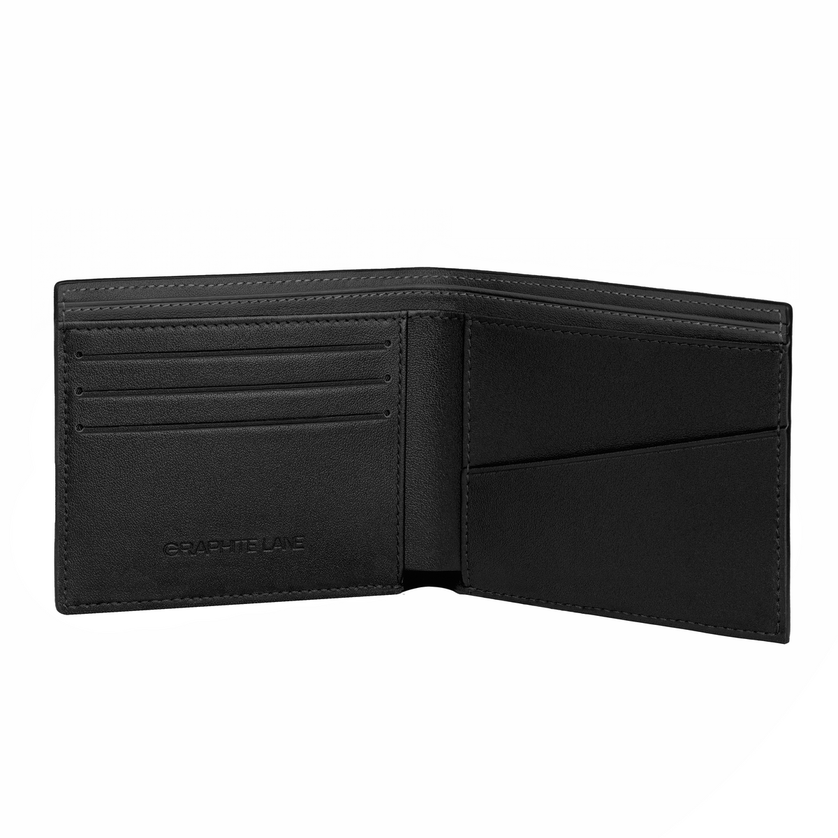Graphite Lane wallet open with Graphite Grey cowhide interior